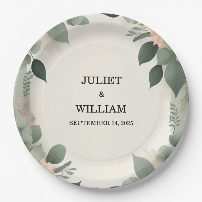 Blush pastel Peach Mint Moss Sage Green Wedding Paper Plate (Front)