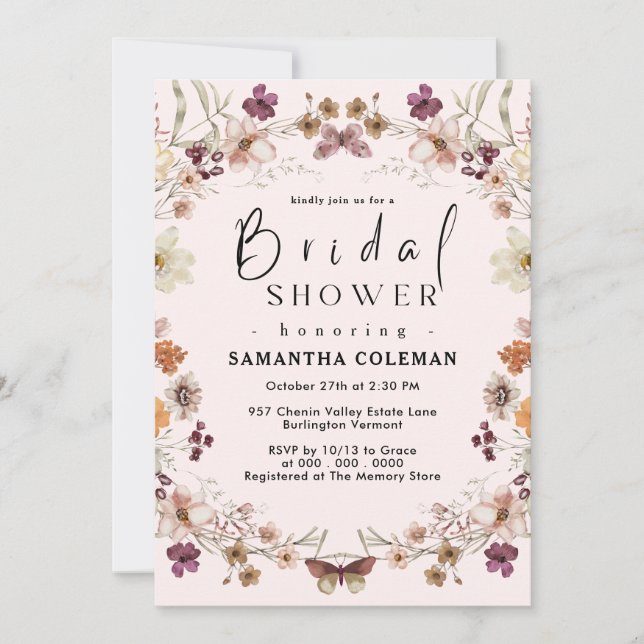Blush Pastel Wildflower Modern Boho Bridal Shower Invitation (Front)