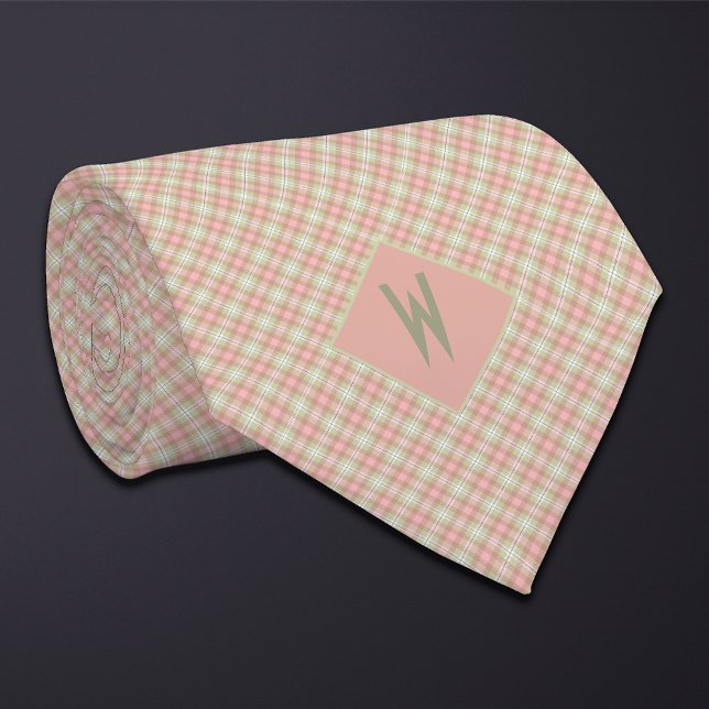 Blush Peach and Green Plaid Monogram Tie (Creator Uploaded)