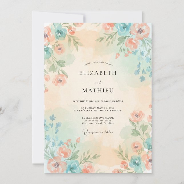 Blush Peach Azure Petal Wedding Invitation (Front)