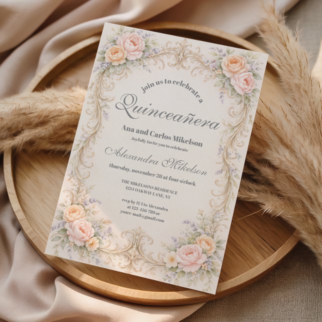 Blush Peach Baroque Quinceañera Invitation (Creator Uploaded)