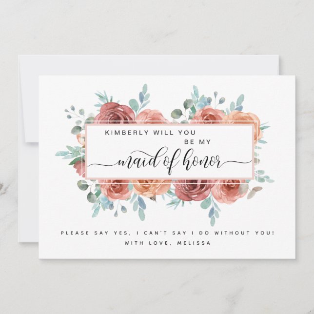 Blush, Peach, Blue Floral Be My Maid of Honour Car Card (Front)