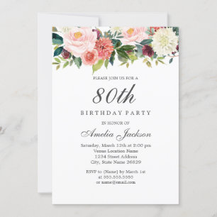 Blush Peach Botanical Floral 80th Birthday Invitation