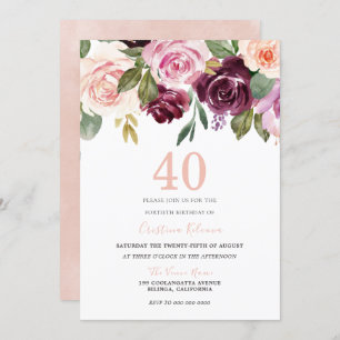 Blush Peach & Burgundy Flowers 40th Birthday Party Invitation