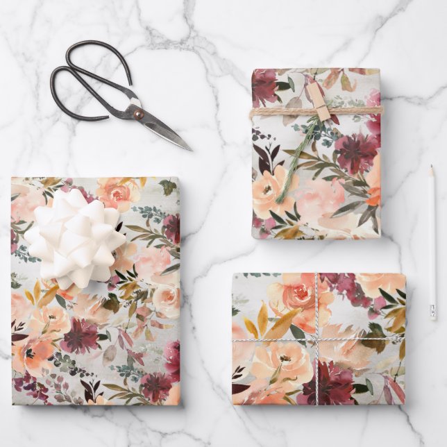 Blush Peach & Burgundy Wine Floral Garden Wrapping Paper Sheet (Front)