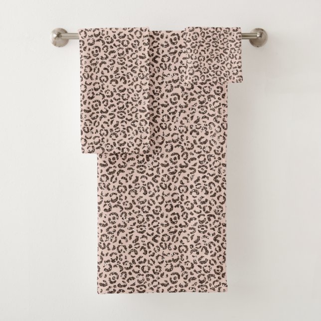 Blush Peach Chocolate Brown Leopard Glitter        Bath Towel Set (Insitu)