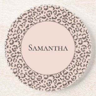 Blush Peach Chocolate Brown Leopard Glitter Coaster