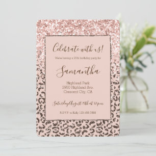 Blush Peach Chocolate Brown Leopard Glitter   Invitation