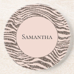 Blush Peach Chocolate Brown Zebra Glitter Coaster