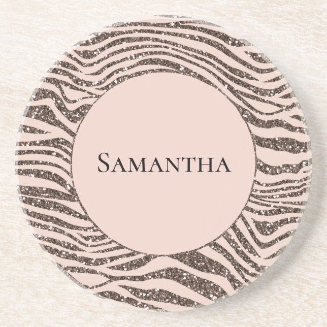 Blush Peach Chocolate Brown Zebra Glitter       Coaster (Front)