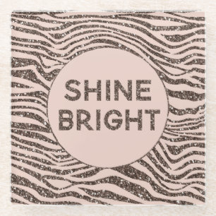 Blush Peach Chocolate Brown Zebra Glitter Shine Glass Coaster