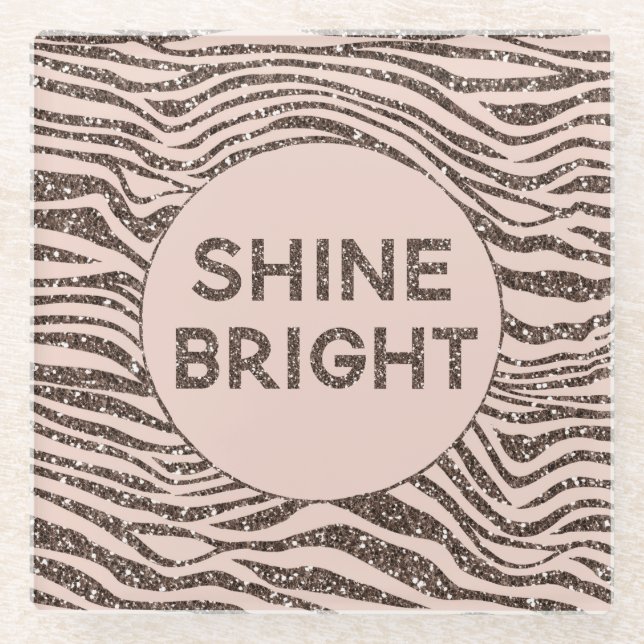 Blush Peach Chocolate Brown Zebra Glitter Shine Glass Coaster (Front)