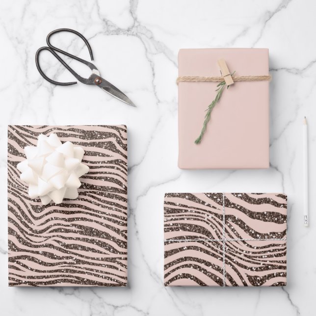 Blush Peach Chocolate Brown Zebra Glitter         Wrapping Paper Sheet (Front)