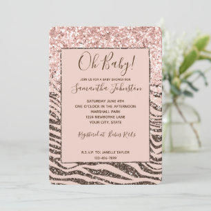 Blush Peach Chocolate Brown Zebra Glitz Glitter    Invitation
