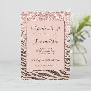 Blush Peach Chocolate Brown Zebra Glitzy Glitter Invitation