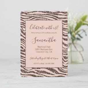 Blush Peach Chocolate Brown Zebra Print Glitter Invitation