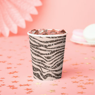 Blush Peach Chocolate Brown Zebra Print Glitter Paper Cups