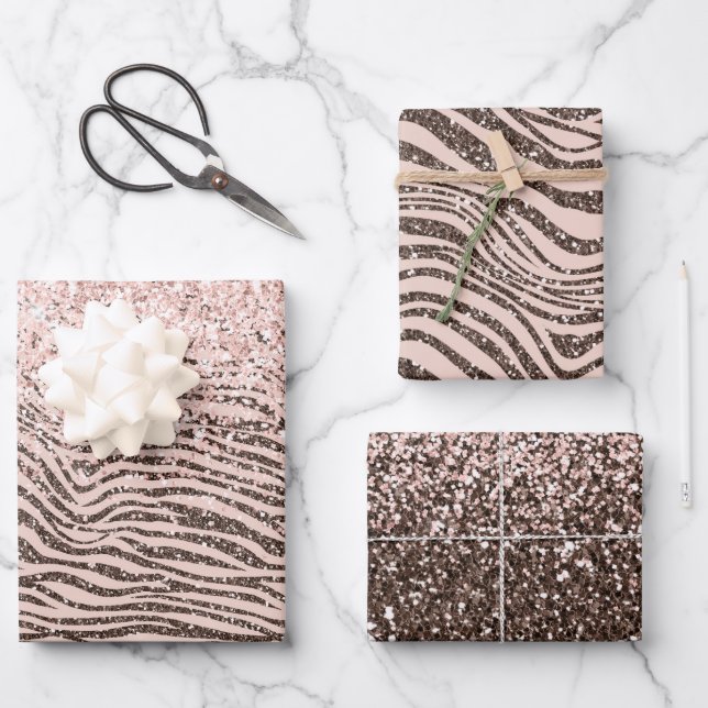 Blush Peach Chocolate Brown Zebra Print Glitter    Wrapping Paper Sheet (Front)