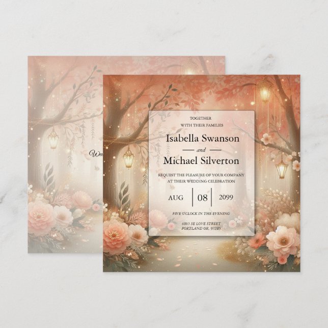Blush Peach Enchanted Forest Lantern Wedding Invitation (Front/Back)