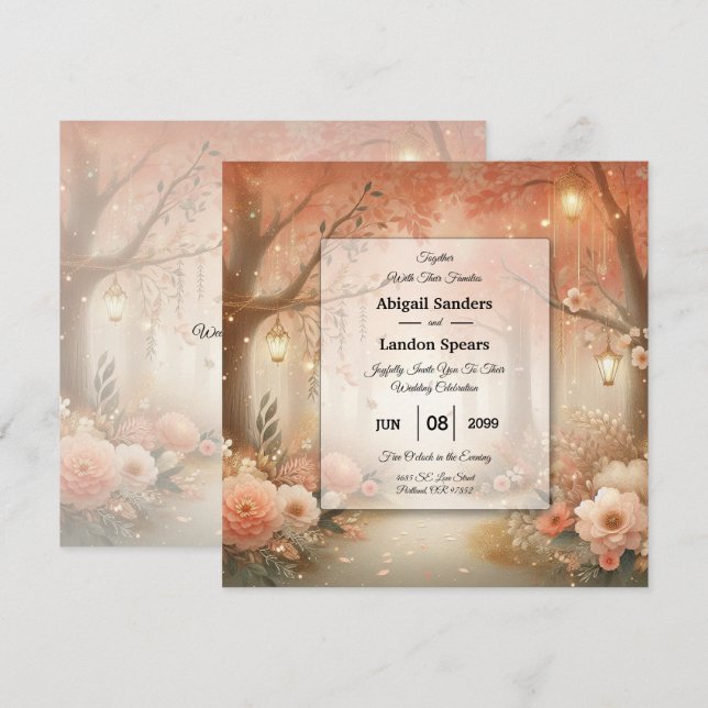 Blush Peach Enchanted Forest Lantern Wedding Invitation (Front/Back)