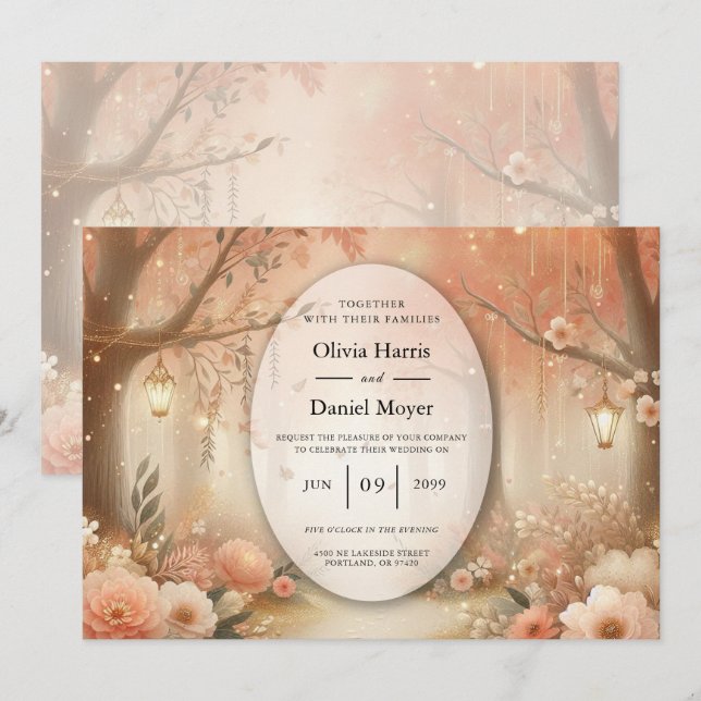 Blush Peach Enchanted Forest Lantern Wedding Invitation (Front/Back)