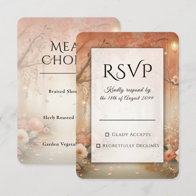 Blush Peach Enchanted Forest Lantern Wedding RSVP Card (Front/Back)