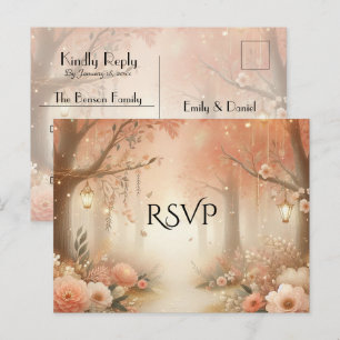 Blush Peach Enchanted Forest Lantern Wedding RSVP Invitation Postcard