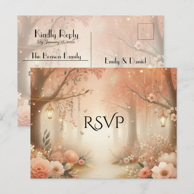 Blush Peach Enchanted Forest Lantern Wedding RSVP Invitation Postcard (Front/Back)