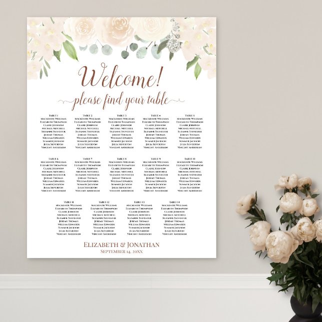 Blush Peach Floral 14 Table Wedding Seating Chart (In Situ on Wall with Flowers)