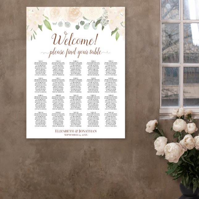 Blush Peach Floral 20 Table Wedding Seating Chart (In Situ on Wall )