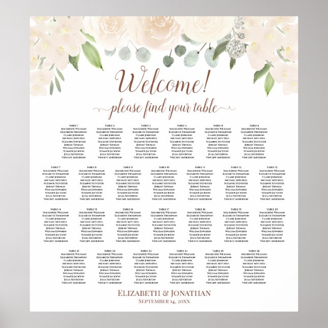 Blush Peach Floral 26 Table Wedding Seating Chart (Front)