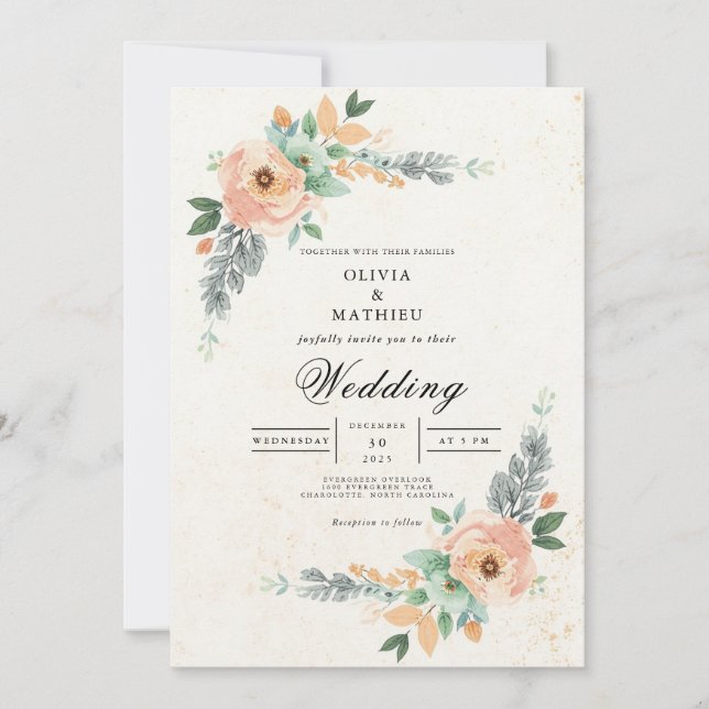 Blush Peach Floral Arch Wedding Invitation (Front)