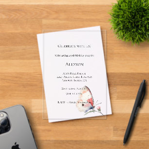 Blush Peach Floral Butterfly Birthday Acrylic Invitations