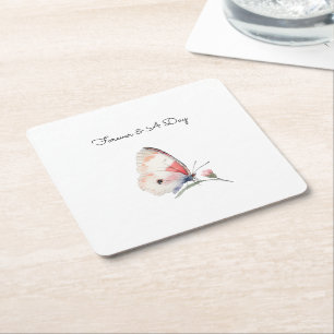 Blush Peach Floral Butterfly Forever Wedding Square Paper Coaster