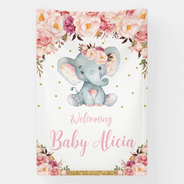 Blush Peach Floral Elephant Baby Shower Welcome Banner (Vertical)
