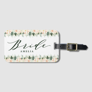 Blush peach floral + foliage personalized wedding luggage tag