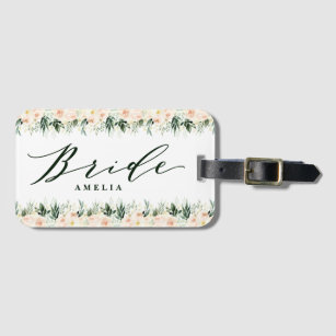 Blush peach floral + foliage personalized wedding luggage tag