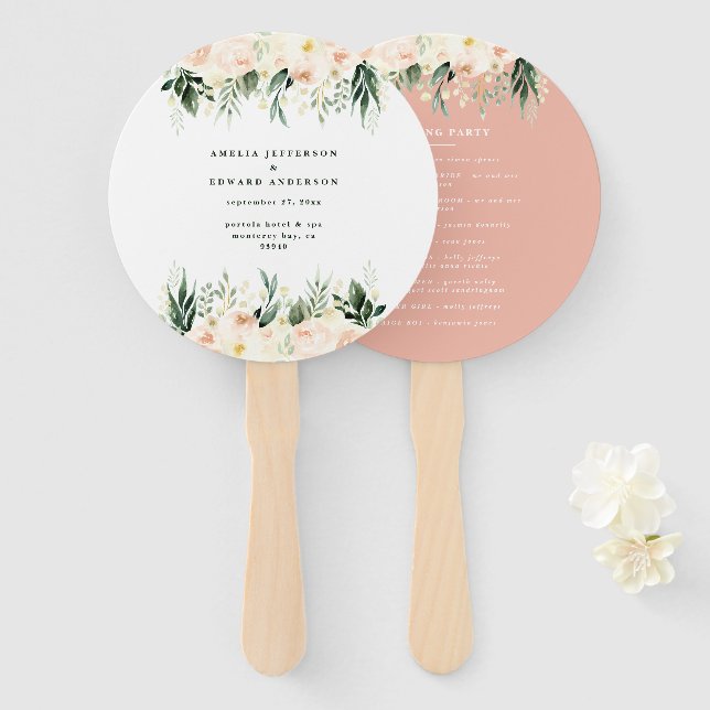 Blush, peach floral + foliage wedding hand fan (Front and Back)