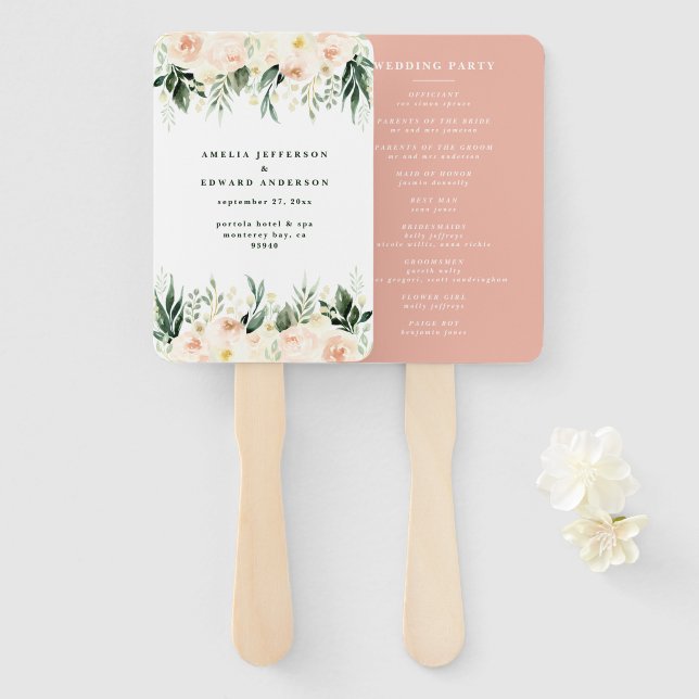 Blush, peach floral + foliage wedding hand fan (Front and Back)