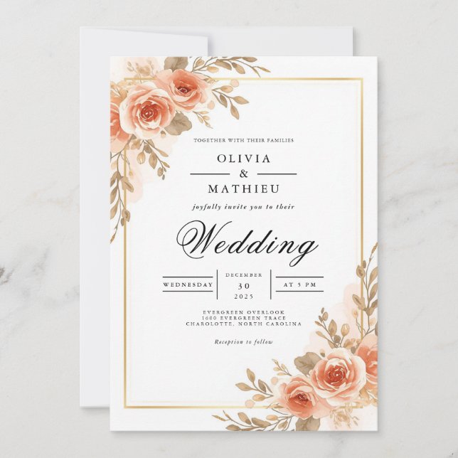 Blush Peach Floral Frame Wedding Invitation (Front)