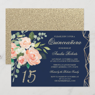 Blush Peach Floral Gold Glitter Navy Quinceanera Invitation