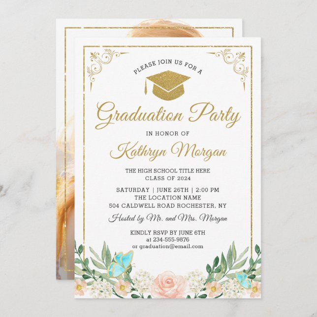 Blush Peach Floral Gold Glitter Photo Graduation Invitation (Front/Back)