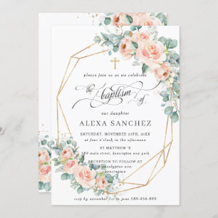 Blush Peach Floral Greenery Baptism Geometric Invitation