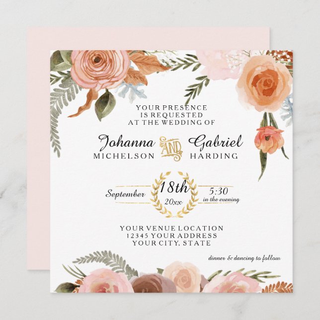 Blush Peach Floral Peony Watercolor Leaf Foliage Invitation (Front/Back)