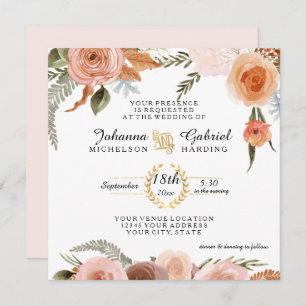 Blush Peach Floral Peony Watercolor Leaf Foliage Invitation
