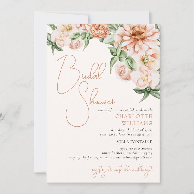 Blush Peach Floral Romantic Bridal Shower Invitation (Front)