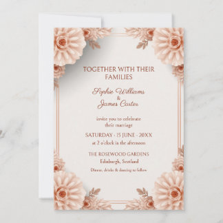 Blush Peach Floral Rose Gold Wedding Invitation