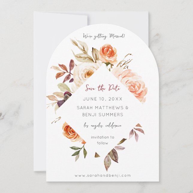 Blush & Peach Floral Rustic Arc Save The Date (Front)