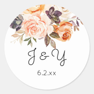 Blush & Peach Floral Rustic Monogram Classic Round Sticker