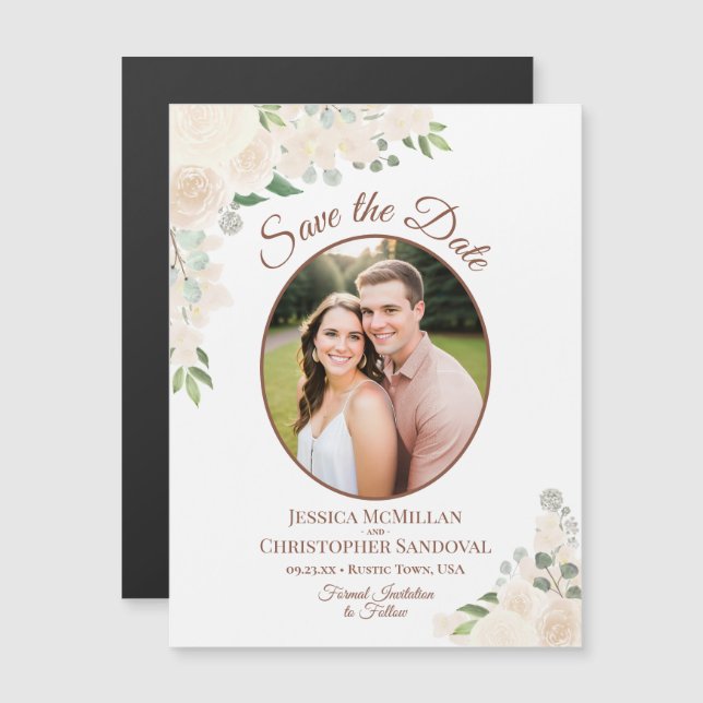 Blush Peach Floral Save the Date Oval Photo Magnet (Front/Back)